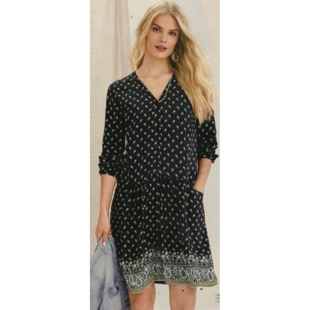 Garnet Hill‎ Drop Waist Button Front Dress Blue Paisley Floral Size 16